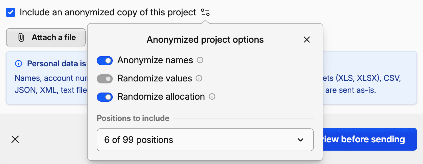 Screenshot of anonymized project options dialog with toggles for names, values, and allocation.
